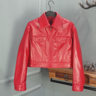 2024春秋新款 真皮皮衣女绵羊皮高腰方领夹克外套小个子机车服