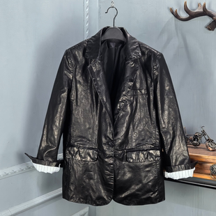 西装 2026春季 宽松百搭牛皮油蜡中长款 真皮皮衣女时尚 外套 新款