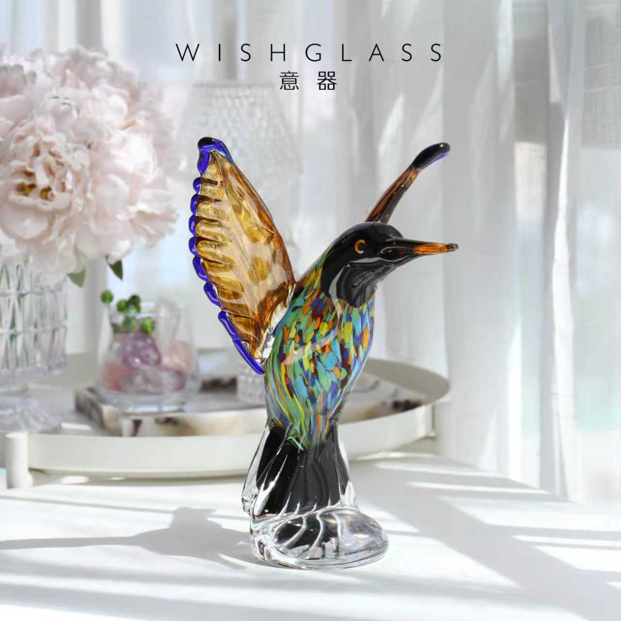 意器琉璃摆件蜂鸟复古可爱客厅样板房玄关桌面装饰品酒店摆设软装