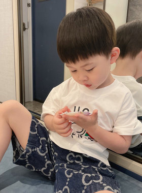 童装定制男童洋气纯棉满印字母套装夏款儿童纯棉短袖短裤两件套