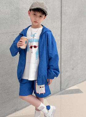 高定童装防晒衣外套蓝色眼镜狗连帽皮肤衣套装小中大男童休闲百搭