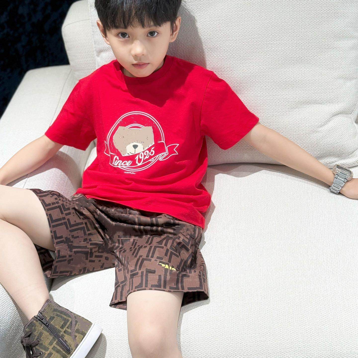 儿童兄妹装小熊红色短袖T恤男女童纯棉卡通印花上衣T裙子亲子装