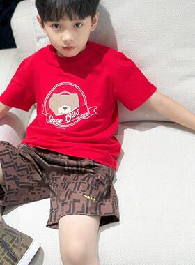 儿童兄妹装小熊红色短袖T恤男女童纯棉卡通印花上衣T裙子亲子装