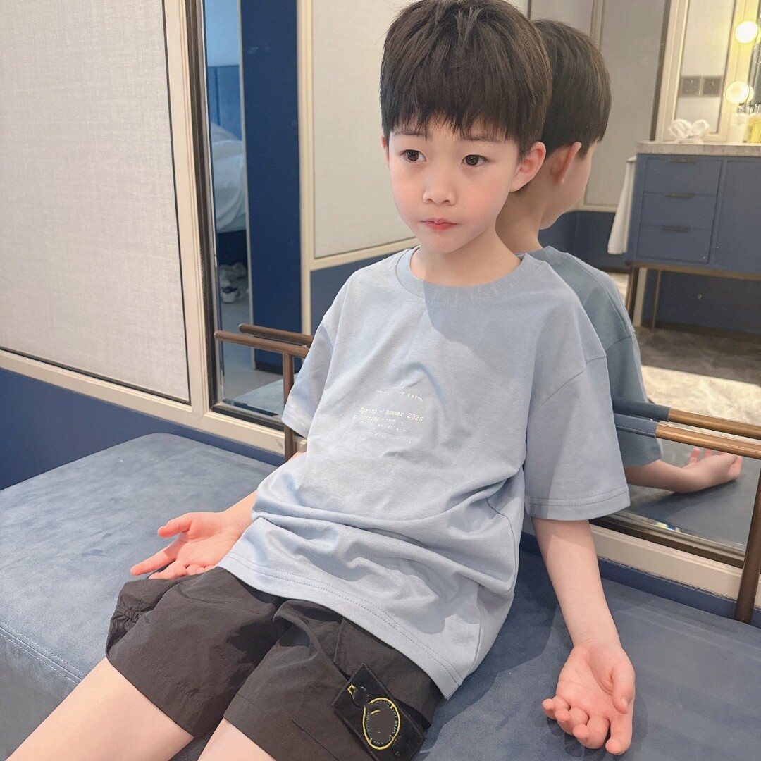 26春夏新品前后罗盘印花圆领短袖T恤男女童宽松落肩袖休闲体恤衫