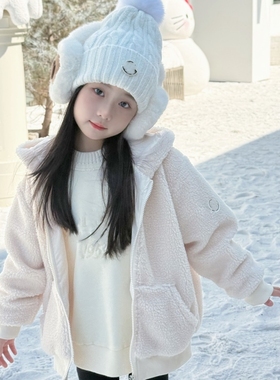 秋冬童装韩系白色羊羔毛外套女童宝宝连帽拉链宽松保暖毛茸茸上衣