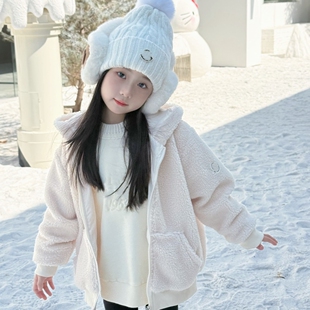 秋冬童装韩系白色羊羔毛外套女童宝宝连帽拉链宽松保暖毛茸茸上衣