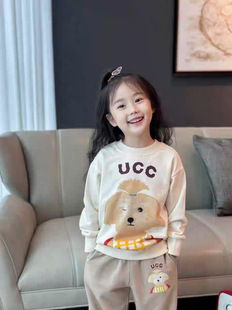 高定亲子装纯棉卫衣卫裤套装辫子小狗印花圆领兄妹装男女小中大童