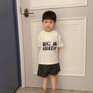 童装高定25夏季雪山设计款男宝纯棉字母T恤圆领短袖上衣短裤套装