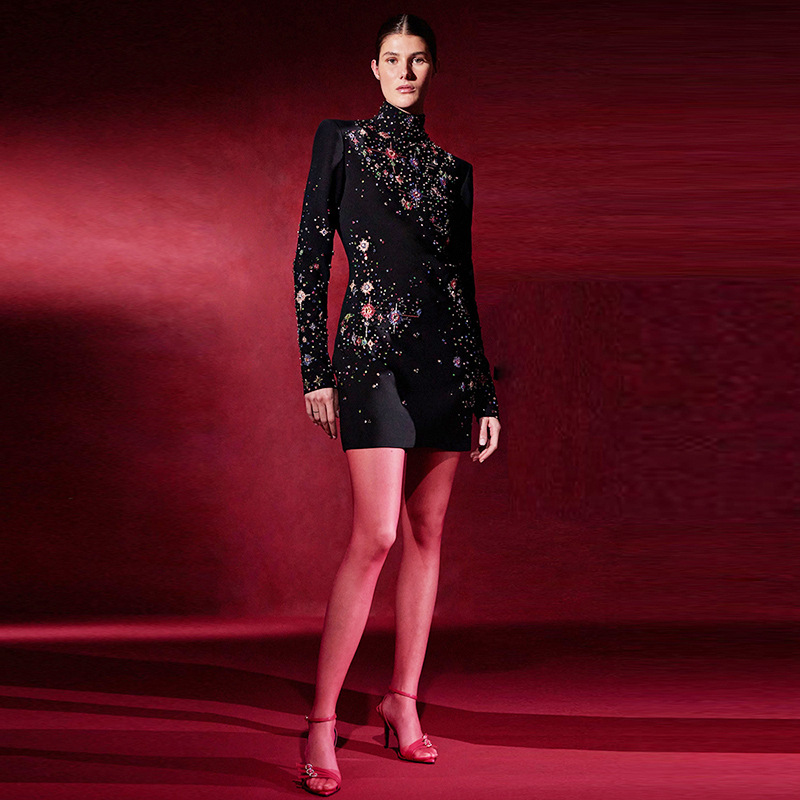 欧美时尚重工镶钻绣珠烫钻连衣裙