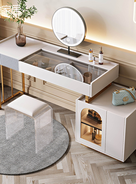 奶油风梳妆台现代简约斗柜一体化妆台卧室家具轻奢玻璃伸缩化妆桌
