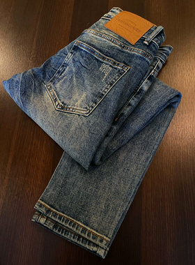 蓝色九分牛仔裤修身小脚男士韩版新款潮流水洗复古帅气弹力九分裤