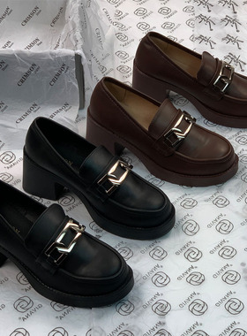 外贸原单新款乐福鞋金属扣粗跟单鞋女英伦风小皮鞋百搭高跟通勤鞋