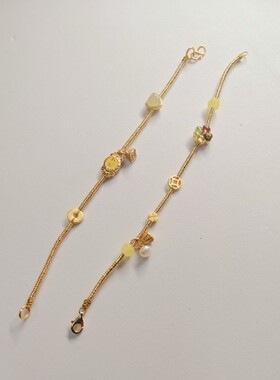 细小控古法银手链黄财神手牌四叶草碧玺爱心和田玉手链纯银手链