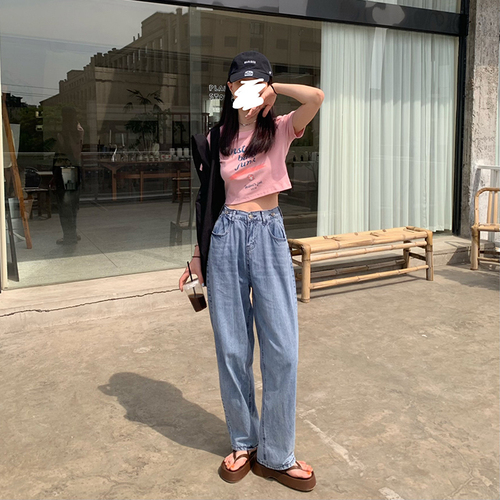 Real shot design button loose denim wide leg pants