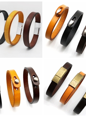 时尚潮男手镯简约百搭男士牛皮手链光面个性休闲磁铁扣手链手环