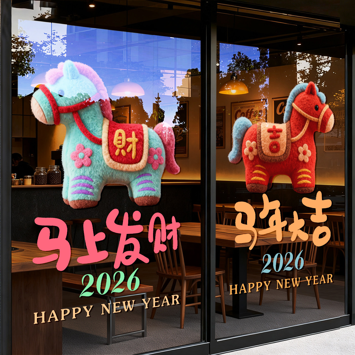 马年新年装饰贴纸过年场景布置2026春节窗花橱窗玻璃门卡通墙贴画,家居饰品,软装墙贴,淘宝优惠券,粉丝福利购,淘宝优惠卷