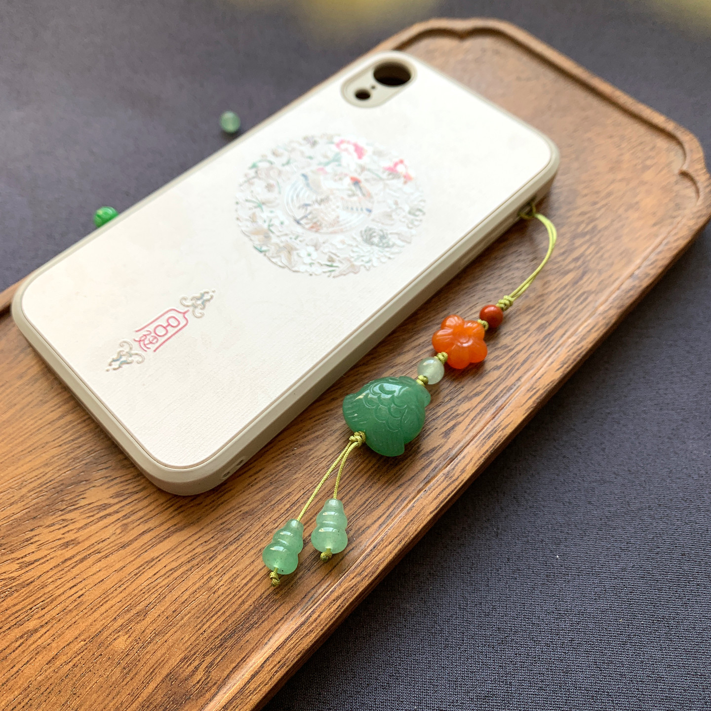 原创天然东陵玉富贵有鱼手机链挂件玉石梅花吊坠旗袍压襟包挂饰品