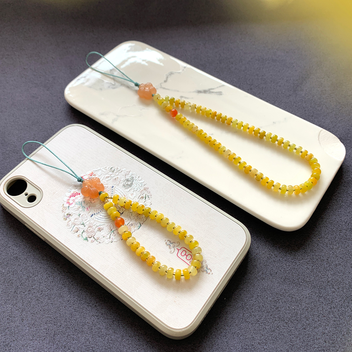 新品天然黄翡算盘珠隔片手机链挂件防丢手腕款玉石挂链钥匙扣挂饰