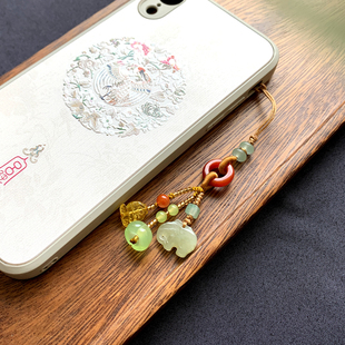 天然和田玉大象蜜蜡鱼手机链挂件吉祥如意玉石挂饰旗袍压襟包挂饰