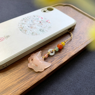 新品金丝玉招桃花小狐狸面具手机链挂件玉石挂链旗袍压襟包挂饰品