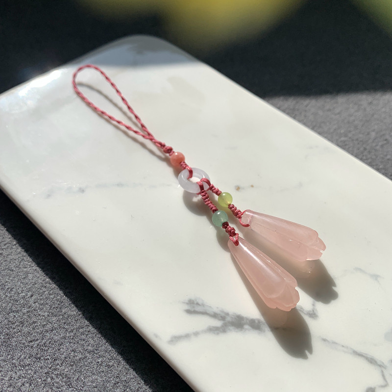 天然粉晶玉兰花手机链挂件玉石旗袍挂饰中国风钥匙扣u盘扇坠包挂