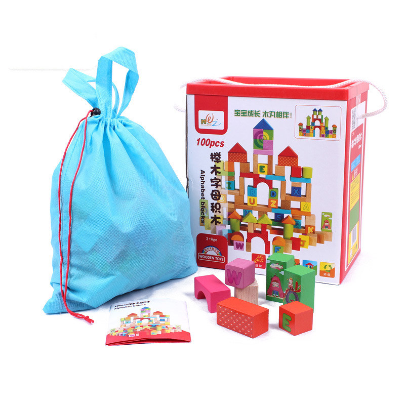木丸子52粒学拼音桶装城市积木 儿童益智木制玩具 益智积木叠叠乐
