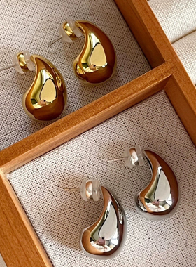 小众时髦感水滴形耳环欧美极简金属耳饰高级感气质冷淡风银色耳钉