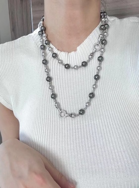 施家大溪地铂金灰双拼珍珠小众设计优雅复古项链毛衣链