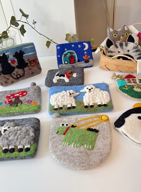 尼泊尔手工羊毛毡可爱小羊零钱包收纳包可爱小羊手拿包