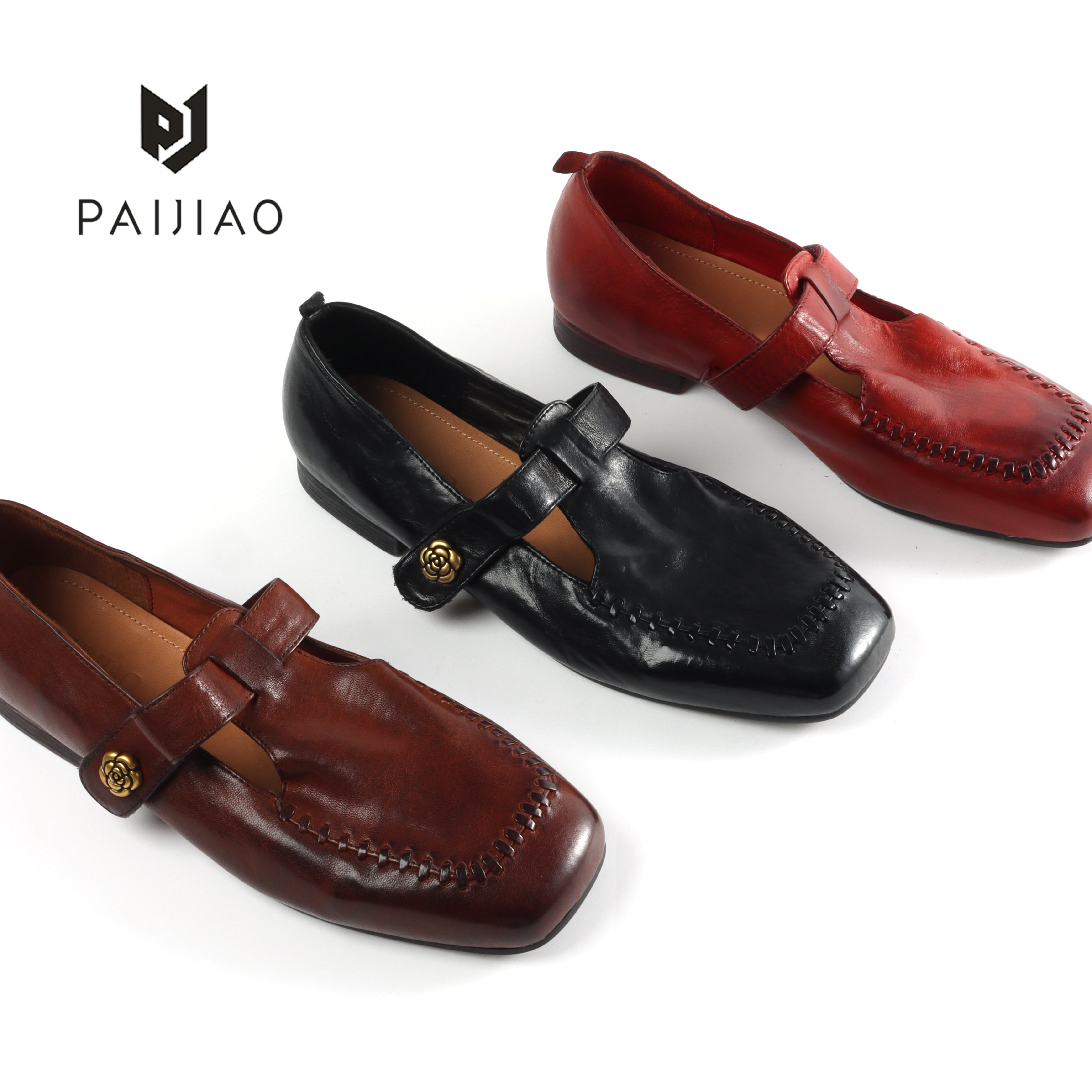 PAI JIAO 新款复古手工马皮水洗T字带玛丽珍单鞋女XBH251207-1