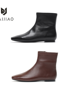 PAIJIAO' 羊皮方头极简风瘦瘦靴女秋冬新款真皮平底短靴XC2683-1