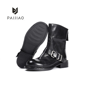 复古英伦风水洗马皮圆头搭扣后拉链酷飒女靴马丁靴机车靴SW1089-1