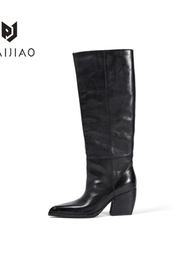 尖头马皮跟靴骑士尖头时尚高端过膝高筒靴女靴长筒时装靴SW1088-1
