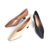 新款 3569 V口尖头中跟单鞋 软底奶奶鞋 锥形跟牛皮巫鞋 夏季