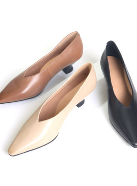 夏季新款V口尖头中跟单鞋锥形跟牛皮巫鞋软底奶奶鞋3569-1