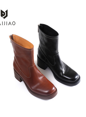 马丁靴做旧复古手工马皮高端后拉链粗跟英伦风骑士靴短靴XD113051