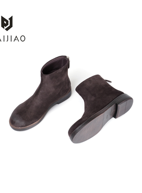 排角 / 复古圆头牛反毛手工真皮女鞋极简后拉链短筒靴RY201811