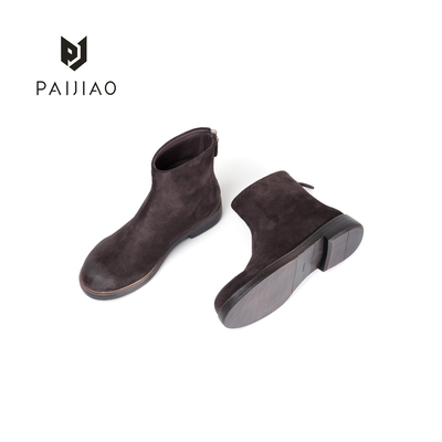 排角极简圆头平底牛反绒短靴