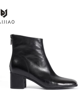 马皮手工后拉链极简做旧复古斜口粗跟中跟显瘦女及短靴XD113055