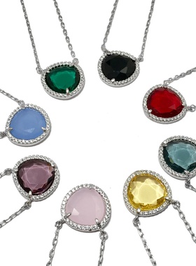 精美肥三角形8色彩石微镶多切面糖果色水晶项链 保色饰品套装