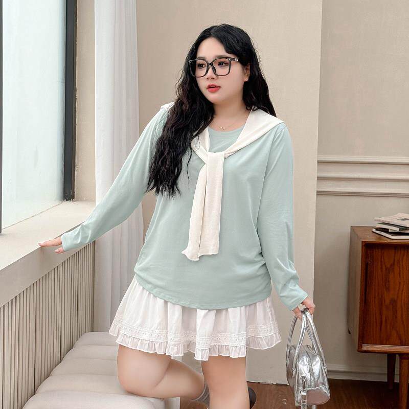 大码女装【基础纯棉打底衫】胖mm早秋季长袖遮肚显瘦圆领T恤上衣