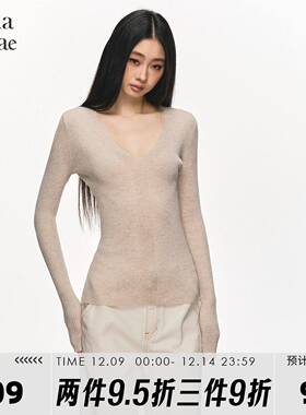 anna aneae羊毛针织毛衣打底衫女秋冬季灰色V领修身显瘦长袖上衣