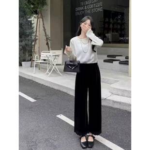 时尚感金丝绒阔腿裤女2026秋季新款花边拼接九分裤宽松休闲直筒裤
