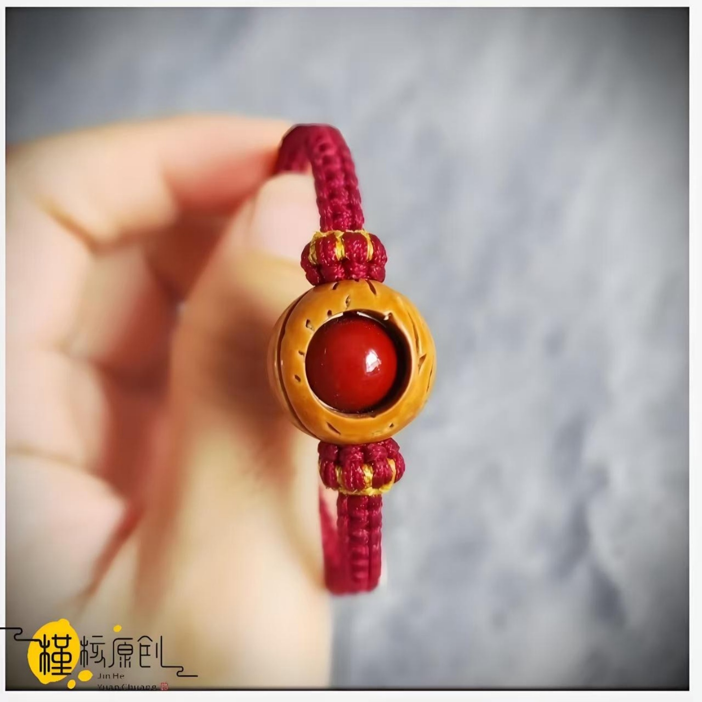手工制作桃核转运珠手链天然朱砂防惊吓护身本命年红手绳