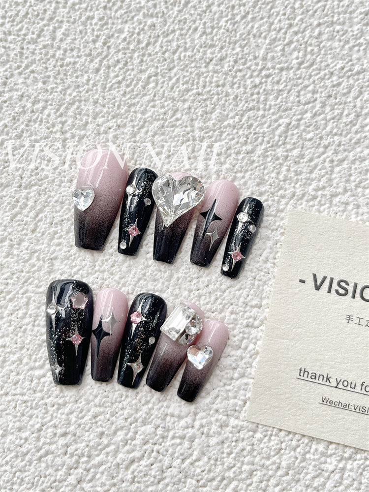 vision nail黑粉施华洛blackpink 甜酷系美甲贴片成品手工穿戴甲