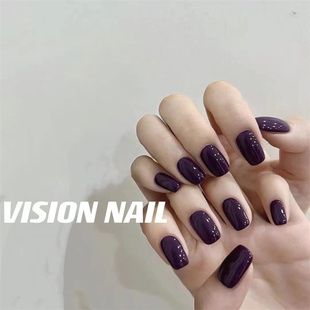 美甲贴片成品可拆卸穿戴甲片 酱紫色纯色短款 VISION NAIL