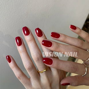 VISION 显白石榴红纯色美甲贴片成品可拆卸手工穿戴甲片 NAIL