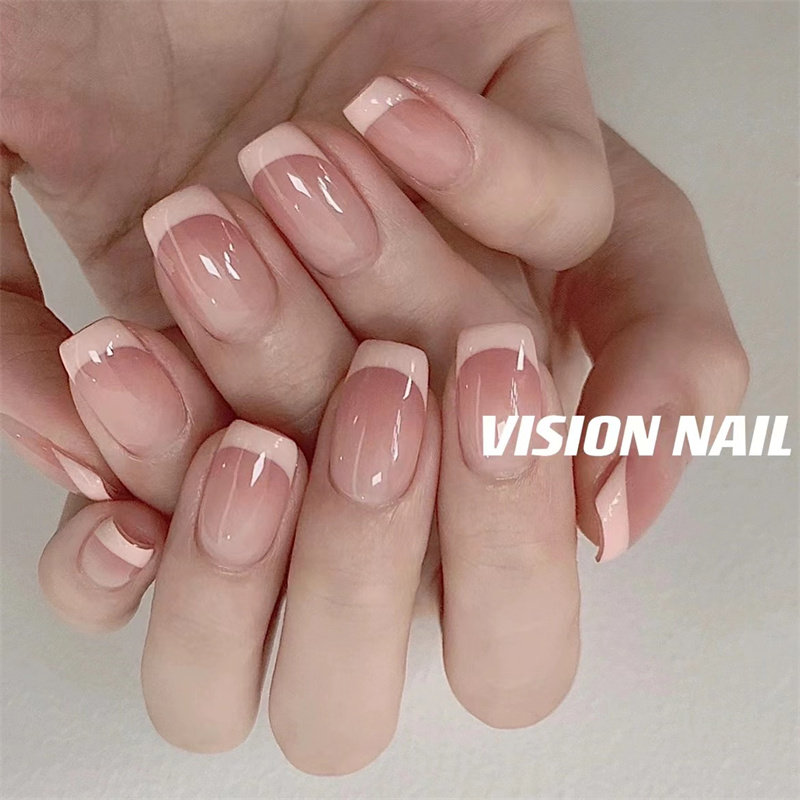 visionnail 温柔baby粉渐变法式方形美甲贴片成品可拆卸穿戴甲片