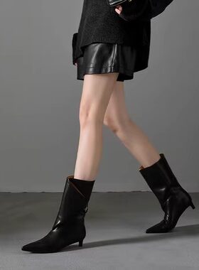 尖头细跟低跟中筒靴女折叠皮靴筒