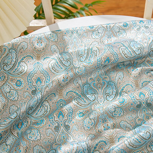 琵琶花织锦缎布料白浅蓝